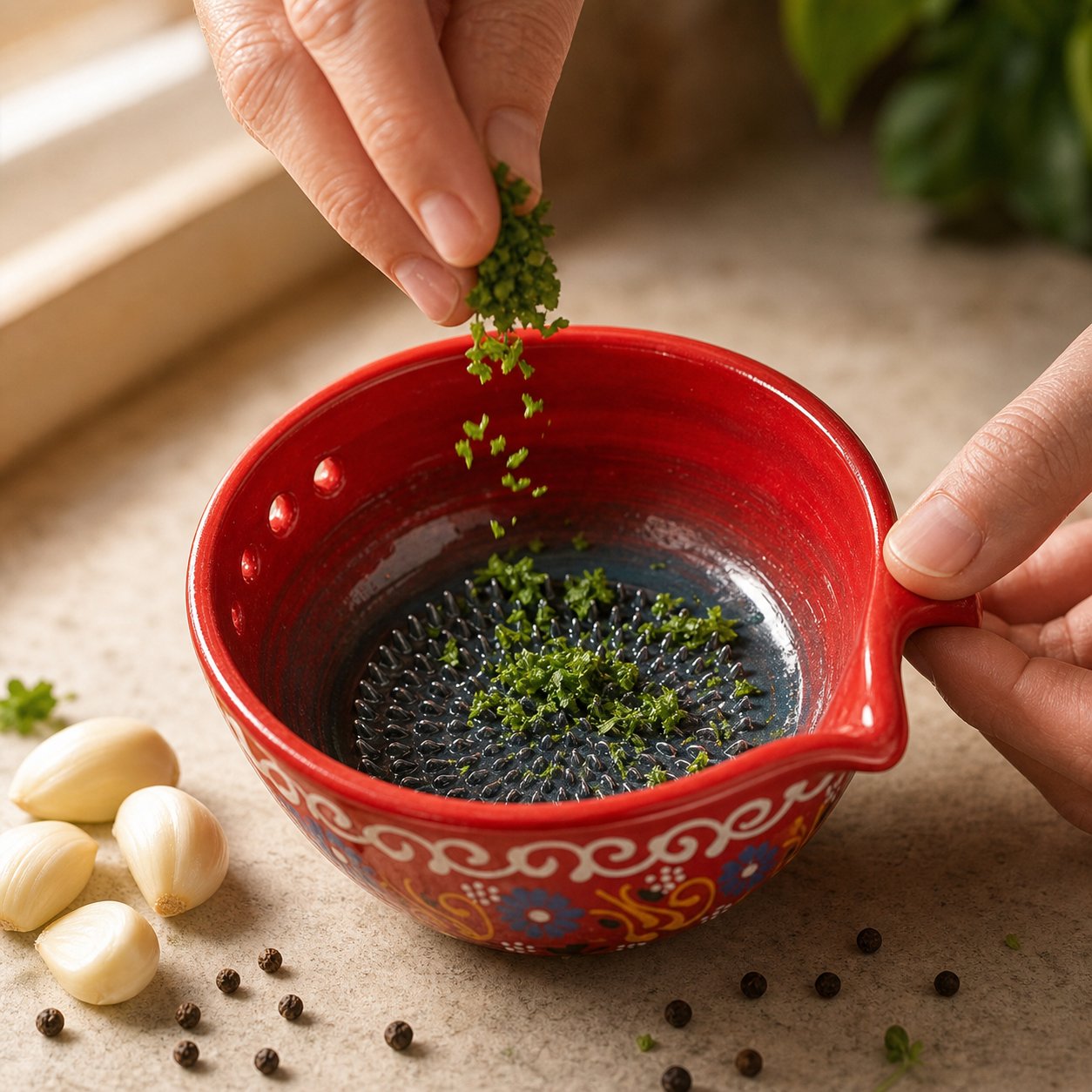 2-in-1 Turkish Ceramic Garlic Grater & Herb Stripper Bowl – Handmade Kitchen Essential